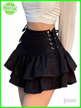 Goth Velvet Mini Skirt High Waist Lace Hem Punk Grunge Club Party Skirt